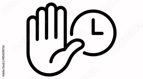 Icon of Hand Stopping Time with Clock and Raised Palm, Flat Vector Graphic for Pause Action, Time Control, Productivity Management, Deadline Reminder, Schedule Break Symbol