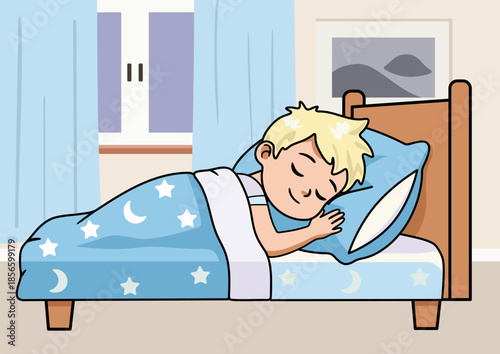 Young blond boy sleeping soundly in bed with a blue blanket in his cozy room. Kid dreaming peacefully at night in his room. Relaxation concept