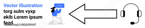 Software development, customer service, communication tools, technical support, remote work, digital solutions. Person coding with headset and arrow. Software development and customer service concept