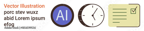 Artificial intelligence, productivity, time management, scheduling, task planning, checklist. Blue AI icon, clock time and marked checklist. Productivity and time management concept