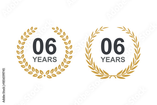 6th anniversary laurel wreath. 6 years anniversary floral laurel wreath. 6th Anniversary icon or logo with laurel wreath. 6 years celebration label