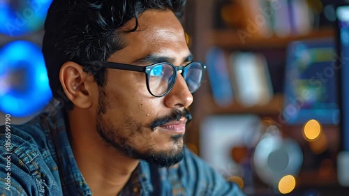 Focused Man with Glasses Working on Computer