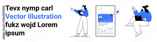 Two characters interacting with data, one pointing and analyzing charts on a tablet. Ideal for teamwork, data, productivity, education, analysis, communication, simple landing pages