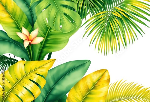 Vibrant green & gold monstera, palm, and banana leaves in watercolor style, lush tropical foliage,   decor,  botanical
