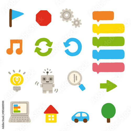 プログラミング 手描きパステル アイコン セット イラスト