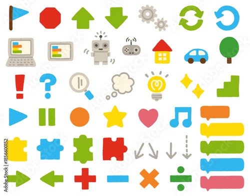 プログラミング 手描きパステル アイコン セット イラスト