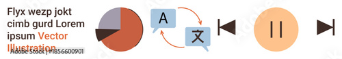 Data , language translation, technology interfaces, media control, business tools, user experience. Pie chart, translation symbols media controls. Data ation and technology interfaces concept