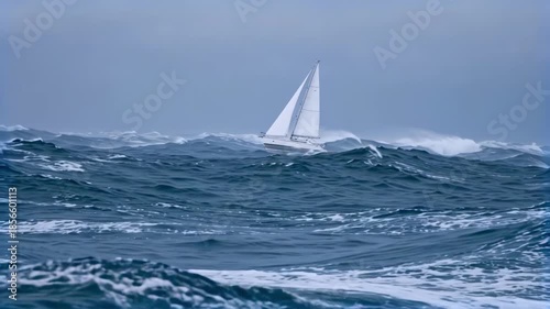 Sailboat navigating through turbulent ocean waves in stormy weather