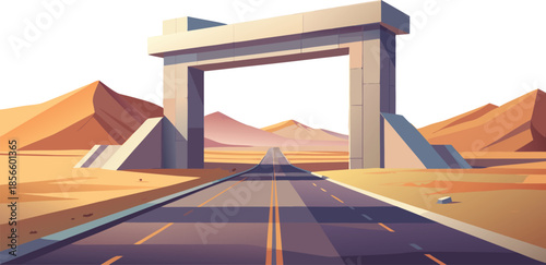 Drive across the stunning desert landscape through a modern archway, a picturesque journey to the horizon, promising adventure and exploration under the sun