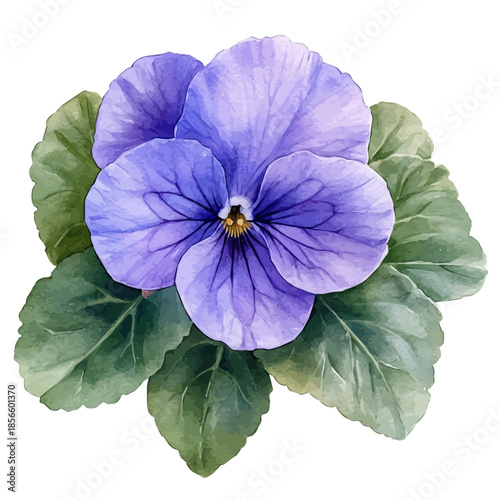 African Violet Flower, elegant watercolor vector painting with refined details, isolated on a white background.