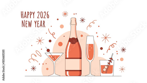  A festive new year celebration with champagne glasses and decorative elements in peach tones.