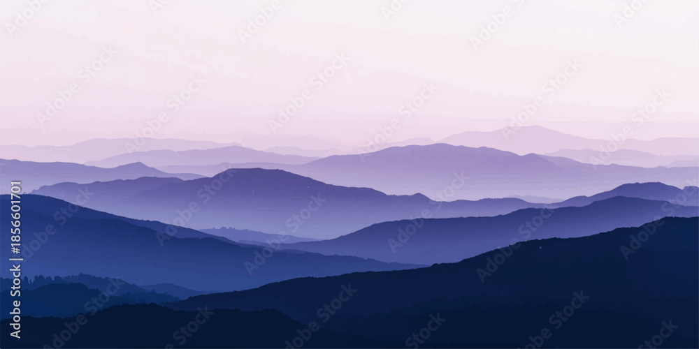 Obraz premium A misty blue morning fog blankets the mountain valley at sunrise as the sun glows over a scenic forest landscape of hills and clouds at dawn
