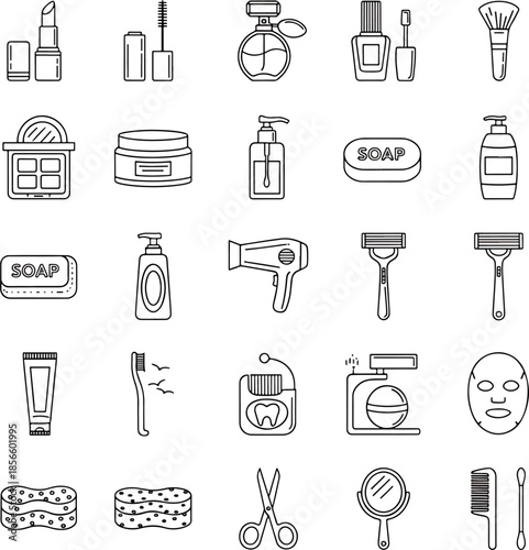 Collection of Beauty and Personal Care Icons Isolated on White Background, Hygiene and Cosmetics Objects