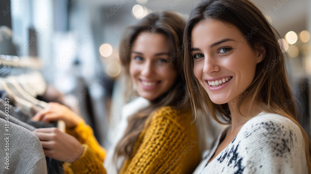 Obraz premium Faceless happy young women spending time together and holding jumpers with graphic pattern in clothing store, friendship shopping experience, retail social activity, defocused people, with copy