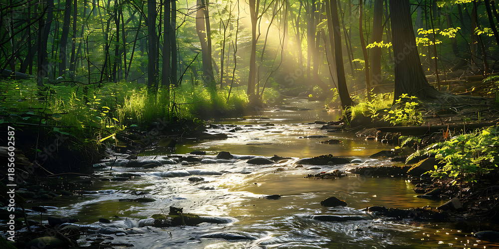 Obraz premium Serene Forest Stream with Sunlight