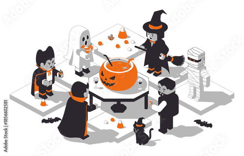 Isometric Halloween Costume Party Vector Illustration - Modern 3D Geometric Design on White