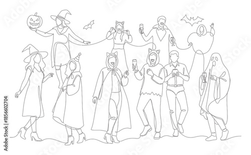 Elegant Continuous Line Art Halloween Costume Party Illustration - Minimalist Single Line Drawing