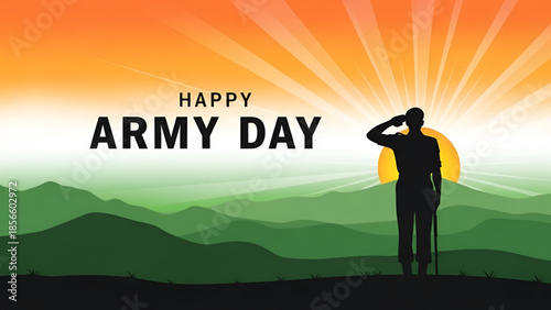 Army Day patriotic soldier silhouette saluting at sunrise representing Republic Day Independence Day Martyrs Day Shahid Divas national pride and Indian defense honor