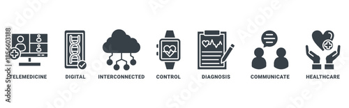 Digital health icon set vector concept with icon of e-health, telemedicine, interconnected, smartwatch, diagnosis, email, and medical app 