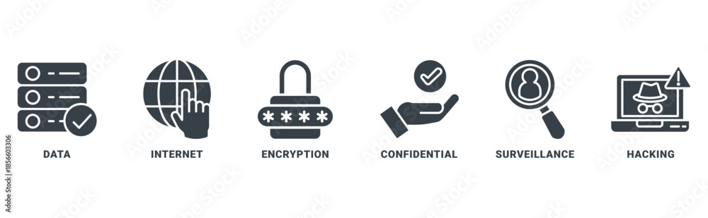 Fototapeta premium Privacy icon set vector concept with icon of data, internet, encryption, confidential, surveillance and hacking