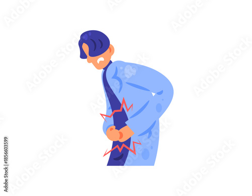 Illustration of a man feeling pain in his stomach. Symptoms of ulcers, GERD, cramps, viral or bacterial infections. Problems with digestive organs. Health problems and diseases. Flat style
