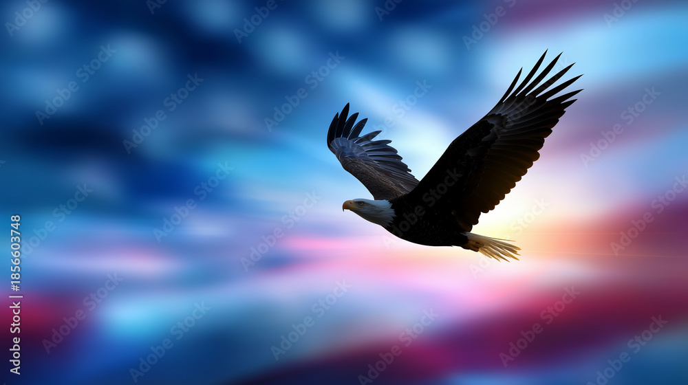 Obraz premium Faceless silhouette of an eagle flying high across a wide sky filled with soft American flag colors, motion blur on wings, symbolic freedom concept, defocused background, with copy