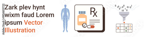 Healthcare, data analysis, medical records, pharmaceutical, human anatomy, technology. Human figure, prescription icon and data funnel visualization. Healthcare and data analysis concepts