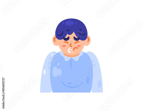 Illustration of a little boy with a runny nose. A child with a cold or flu. Feeling unwell. Expressions and gestures. Health and illness problems. Ache concept. flat style people character design