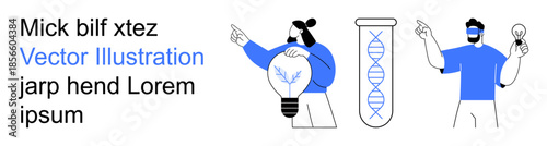 Creativity, innovation, science, research, teamwork, and invention. Characters holding a lightbulb and pointing to DNA in a test tube. Creativity and innovation in science and research