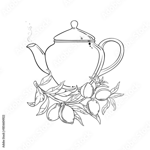 Almond Tea Tea in Teapot aroma beverage Outline Illustration. Vector isolated for Design and Decoration for Cafeteria, Posters, Banners, Cards.