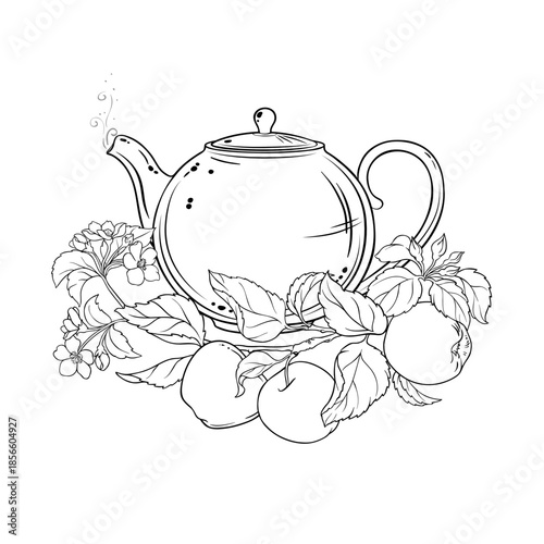 Apple Tea in Teapot aroma beverage Outline Illustration. Vector isolated for Design and Decoration for Cafeteria, Posters, Banners, Cards.