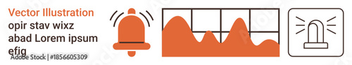 Security alerts, data monitoring, emergency systems, alert notifications, data visualization, response systems. A bell, chart and siren illustration. Security alerts and data monitoring visual