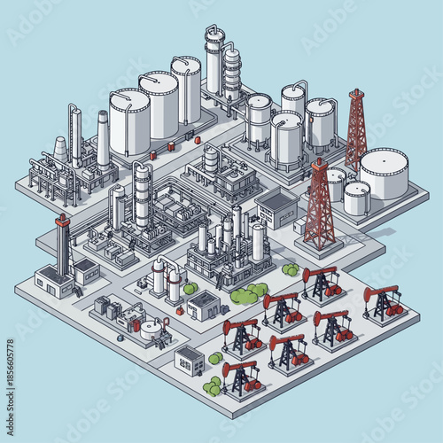Isometric illustration of an extensive oil and gas industrial complex with pumpjacks, storage tanks, and refining facilities.