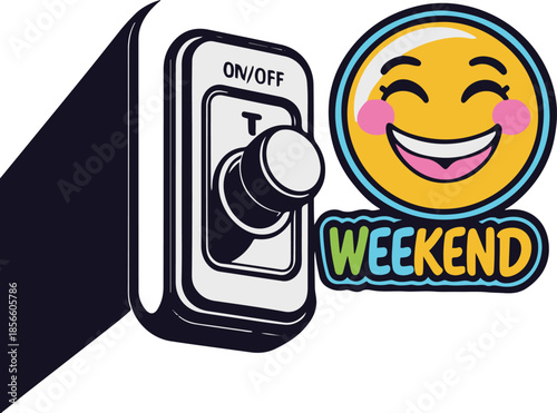 ON OFF switch flipped to weekend mode with happy face, lifestyle humor sticker, flat vector style, thick outline, transparent background 1.