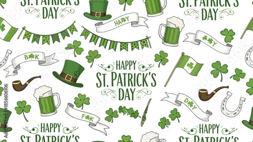 Happy St. Patrick's Day Pattern with Irish Symbols and Festive Decorations
