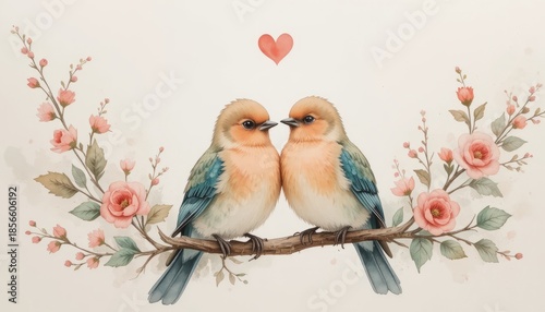 Watercolor illustration of two adorable lovebirds perched closely together on a delicate tree branch artfully.