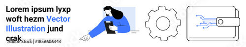 Business, technology, digital services, finance, data security, user experience. A woman holding a document, a gear and a digital wallet icon. Business and technology concepts