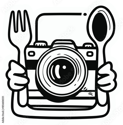 Food Photography: An emblem of culinary artistry and visual storytelling, merging a camera, fork, and spoon to capture the essence of gastronomy, perfect for food bloggers and culinary enthusiasts. 