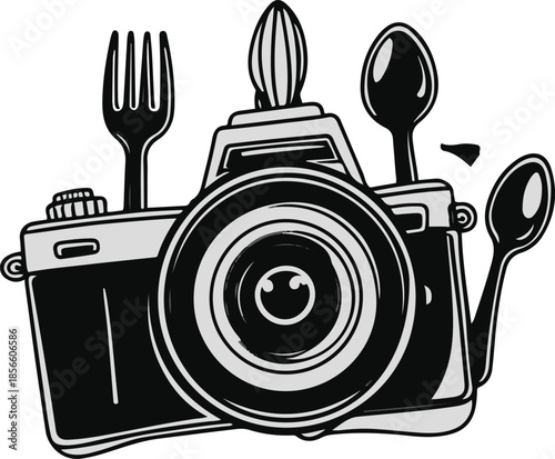 Capture the Flavor: A black-and-white illustration of a classic camera adorned with a fork, spoon, and light, embodying the essence of capturing culinary experiences.