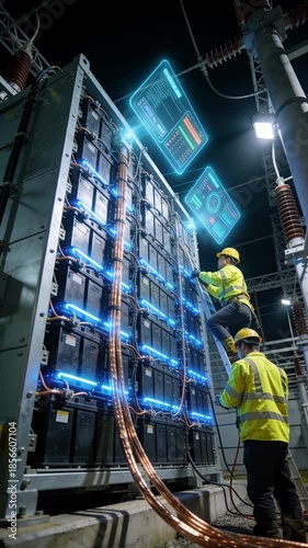 A renewable energy battery storage power grid technician maintenance safety industrial technology smart grid energy management power plant engineer ladder helmet high voltage futuristic interface