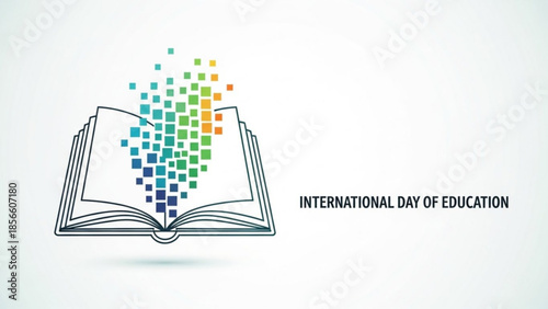International day of education, open book with colorful squares rising from pages, symbolizing knowledge and learning