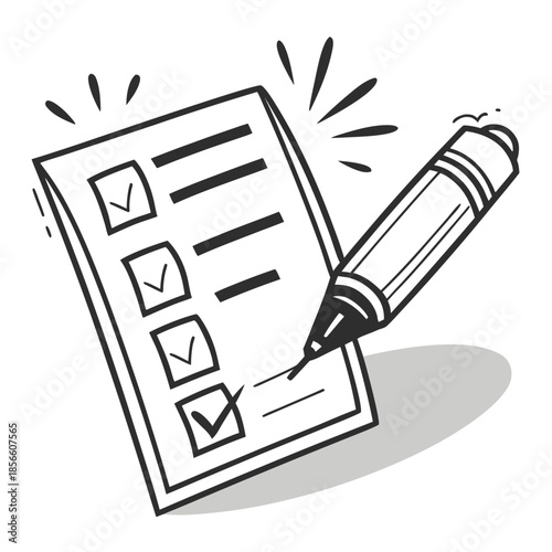 Black-and-white illustration of a checklist: four checked boxes with text lines, motion marks emphasize completion and productivity.