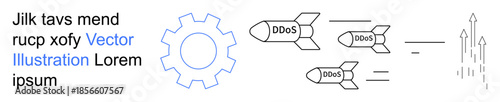 Cybersecurity, denial of service, digital threats, online protection, server attacks, data breaches. Illustration of DDoS attack with rockets and gear element. Cybersecurity and denial of service