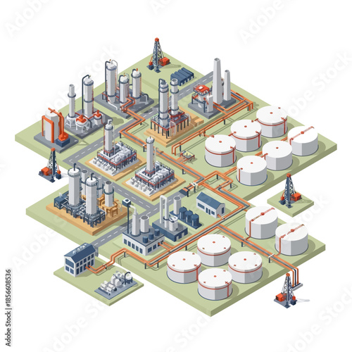 Isometric illustration of a large industrial oil refinery and petrochemical plant complex with storage tanks, processing units, and pipelines.