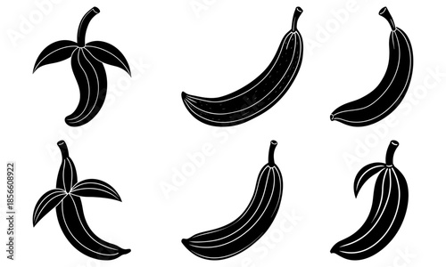 Five Black Bananas with Different Shapes on White Background silhouette fruit