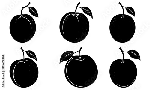 Five black plums with leaves on white background fruit silhouette 1