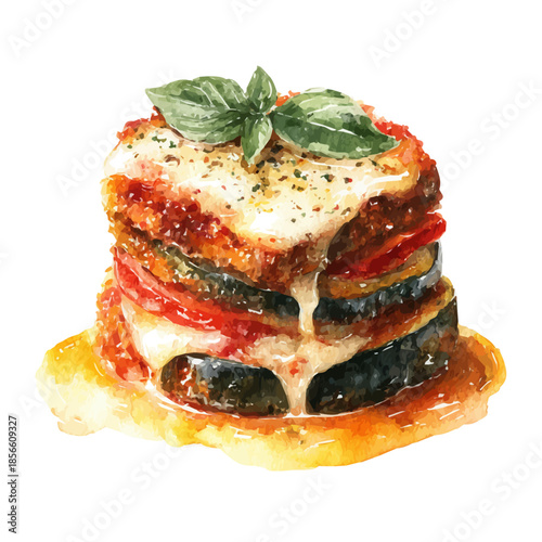 Eggplant Parmesan, watercolor illustration, vector style, isolated on a white background.