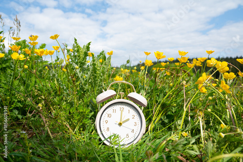 Photography Alarm clock with yellow buttercups flowers, switch to daylight saving time in sp