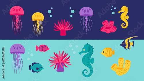 Colorful collection of marine life and underwater creatures against a dark and light blue background