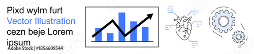Business growth, healthcare analytics, technological innovation, data tracking, industrial processes, scientific research. Bar chart with upward arrow, heart symbol and gears. Business growth